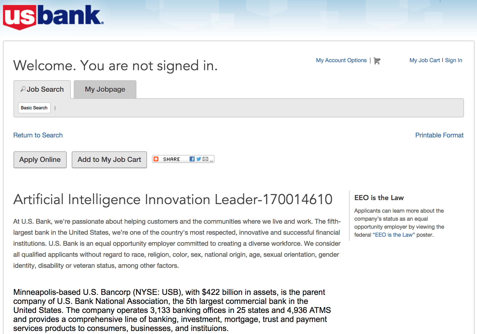 us bank job listing for AI leader